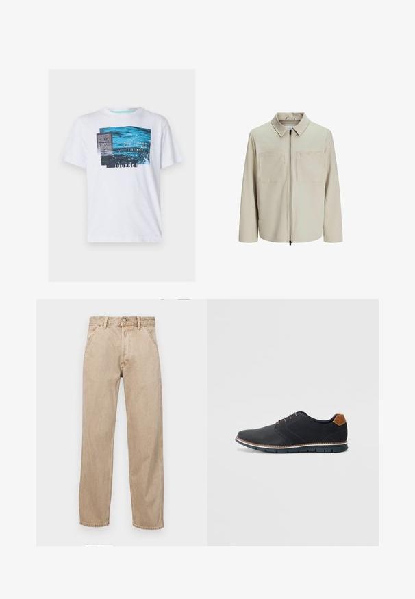 Béžová bunda vyrobená z jemného materiálu, s golierom, predným zipsom a dvoma veľkými náprsníkmi. Dlhé rukávy s voľným strihom.; Biely krátky rukáv tričko s modrým grafickým dizajnom a textom, textúrovaný vzor a okrúhlym výstrihom, vyrobené z ľahkej bavlnenej tkaniny.; Bežové denimové rifle so strihom rovného nohu, s prednými vreckami, kovovým zapínaním na gombík a jemnou textúrou.; Čierne syntetické topánky so štruktúrovaným zvrškom, hladkými akcentmi, hnedým opätkom a kontrastnou podrážkou. Majú minimálne šnurovanie a detaily prešitia.