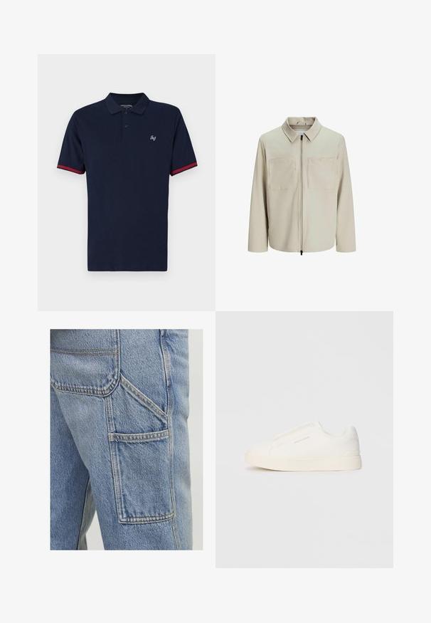 Beige színű, puha anyagból készült dzseki, gallérral, elülső cipzárral és két nagy zsebbe való mellel. Hosszú ujjú, laza fazonú.; Tengerészkék pamut polo ing, rövid ujjal, két gombos nyakkal, piros díszítéssel az ujjakon és hímezett logóval a mellrészen.; Világoskék farmer cargo nadrág, amely nagy oldalzsebekkel, diszkrét varrási részletekkel és laza szabással rendelkezik, enyhén texturált felülettel.; Fehér slip-on sportcipők texturált felülettel, vastag talppal és minimalista dizájnnal. Az oldalon a márka logója található.