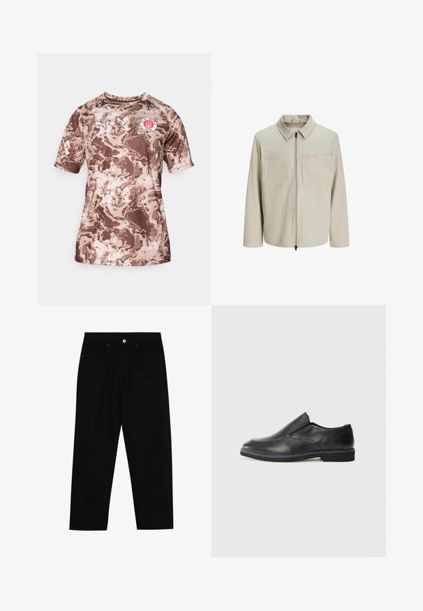 Kreminė striukė, pagaminta iš minkštos medžiagos, su apykakle, priekyje užtrauktuku ir dviem didelėmis krūtinės kišenėmis. Ilgos rankovės su laisvu pritaikymu.; Rudas kamufliažas trumpomis rankovėmis marškinėliai pagaminti iš lengvos medžiagos, turi apvalią iškirptę ir logotipo emblema ant krūtinės.; Juoda džinsinė kelnė su tiesiu kirpimu, penkių kišenių dizainu ir priekiniais mygtukais. Lygus paviršius su minimaliu siuvimo detalėmis.; Juodai odiniai įtvirtinimo batai su lygiu paviršiumi, siuvinėjimo akcentais, apvalia nosimi ir žemu guminiu kulnu. Pado raštas minimalus.