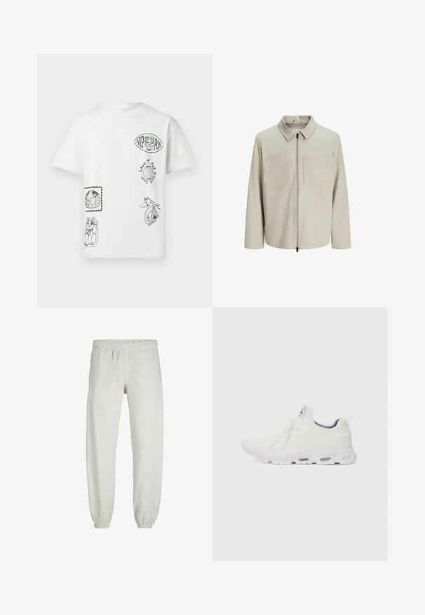 Beige jakke lavet af blødt stof, med krave, frontlynlås og to store brystlommer. Lange ærmer med afslappet pasform.; Hvid bomulds T-shirt med grønne trykte grafikker, herunder dyremotiver og tekstelementer, i forskellige positioner og størrelser.; Hvide sweatpants lavet af blødt stof, med elastisk talje og håndled, der har en glat tekstur og løs pasform.; Hvide atletiske sko med en tekstureret strikket overdel, flade snørebånd og en polstret sål med synlige luftkamre for ekstra støtte.