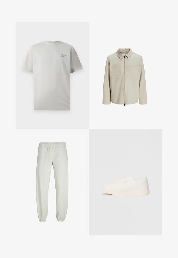 Beige jacket made of soft fabric, featuring a collar, front zip, and two large chest pockets. Long sleeves with a relaxed fit.; Light gray cotton t-shirt with short sleeves, round neckline, and a small blue logo text on the left chest area. Smooth texture.; White sweatpants made from soft fabric, featuring an elastic waistband and cuffs, with a smooth texture and loose-fitting design.; White slip-on sneakers with a textured surface, a thick sole, and minimalistic design. Features brand logo on the side.