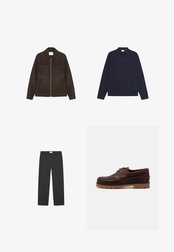 Sötétbarna gyapjú, cipzáros dzseki, két mellzsebbel, két oldalsó zsebbel és gallérral.; Tengerészkék, hosszú ujjú pamut polo ing, gallérral, három gombos záródással és egyszerű textúrával. Nincsenek látható minták vagy kiegészítők.; Fekete, könnyű anyagból készült nadrág. Egyenes lábakezeléssel, sima elülső résszel, oldalsó zsebekkel és diszkrét derékrésszel rendelkezik.; Barna bőr csónakcipő varrási részletekkel, fűzős dizájnnal és durva gumitalppal, mely textúrázott talpakkal rendelkezik a tapadás érdekében.