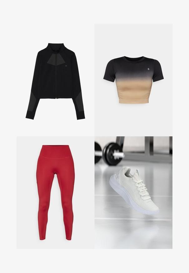 Črna jakna z zadrgo, ki ima visok ovratnik, mrežasto trikotno obliko na prsih in teksturirane detajle na rokavih.; Kratek rokav vrhnji del s prehodom barv od črne do bež. Gladka tekstura, okrogli ovratnik in subtilen logotip na prsih.; Rdeče atletske legice z visokim pasom, gladko teksturo in prilegajočo se zasnovo. Imajo ravne šive za udobje in aerodinamičen videz.; Bela športna teniska z mrežastim zgornjim delom z teksturo in sistemom vezalk, ki ima oblazinjen beli podplat in subtilne rebraste detajle.