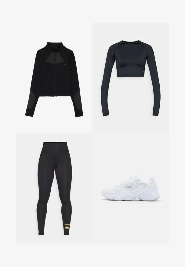Černá zipová bunda s vysokým límcem, síťovým trojúhelníkovým vzorem na hrudi a texturovanými akcenty na rukávech.; Černý crop top s dlouhým rukávem z hladké pružné látky. Má kulatý výstřih a přiléhavý střih s jemnými detaily na lemu.; Černé legíny s vysokým pasem vyrobené z elastického materiálu. Mají hladkou texturu a tři vodorovné zlaté pruhy na dolní části levé nohy.; Bílé sportovní boty s texturovaným síťovaným svrškem, polstrovaným límcem a robustní podrážkou. Zahrnují logo na boku a šněrování.
