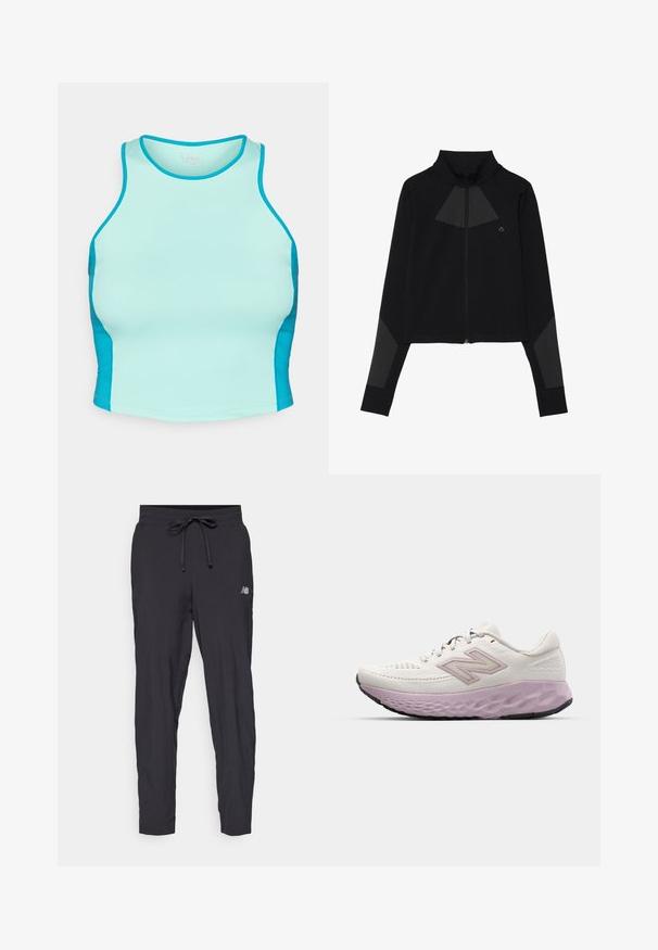Čierna zipová bunda s vysokým golierom, sieťovým trojuholníkovým dizajnom na hrudi a textúrovanými akcentmi na rukávoch.; Priliehavý športový top v svetlej akvamarínovej farbe s tmavšou akvamarínovou bočnou časťou. Vyrobený z elastického materiálu s hladkou textúrou a okrúhlym výstrihom.; Čierne teplákové nohavice vyrobené z ľahkého materiálu s elastickým pásom a nastaviteľnou šnúrkou. Obsahujú malé logo na boku.; Ľahká bežecká obuv z bieleho sieťového materiálu s ružovou medzi podrážkou. Má textúrovanú podrážku a bočné logo, navrhnuté pre pohodlie a podporu.