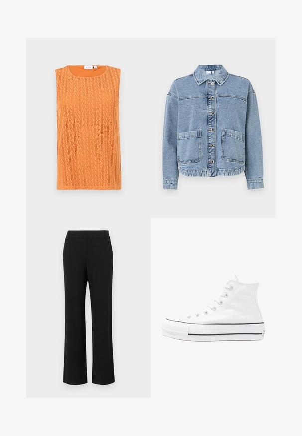 Lyseblå denimjakke med krage, knapplukking, to frontlommer og en litt cropped nederkant. Har en falmet tekstur.; Ermeløs oransje topp med et teksturert, åpent strikkemønster og rund hals. Materialet virker lett og pustende.; Sorte, flagrende bukser med en glat tekstur, mellem høj i taljen og sidelommer. Enkel design uden mønstre eller udsmykninger.; Hvit høy-skinn kanvas sneakers med svart gummisåle, gummitåhette foran og seks hull for snorer, med et rent, minimalistisk design.