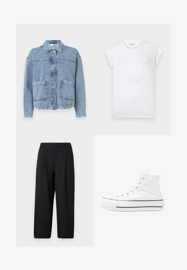 Svijetloplavi traperjakna s ovratnikom, kopčama na dugmad, dva prednja džepa i blago skraćenim rubom. Ima izblijeđen teksturu.; Bijela pamučna majica s okruglim izrezom i kratkim rukavima. Sadrži kružni tekstualni dizajn u malim točkicama koji glasi "Pepe Jeans London."; Crne hlače s opuštenim krojem, nabranim prednjim dijelom, ravnim pojasom i glatkom teksturom. Krojene do dužine iznad skočnih zglobova, prikladne za formalne ili ležerne prilike.; Bijela visoka platnena tenisica s crnom gumenom potplatom, prednjim gumenim zaštitnikom prstiju i šest rupa za vezanje, s čistim, minimalističkim dizajnom.