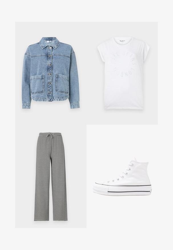Svijetloplavi traperjakna s ovratnikom, kopčama na dugmad, dva prednja džepa i blago skraćenim rubom. Ima izblijeđen teksturu.; Bijela pamučna majica s okruglim izrezom i kratkim rukavima. Sadrži kružni tekstualni dizajn u malim točkicama koji glasi "Pepe Jeans London."; Prugaste crno-bijele hlače širokih nogavica s elastičnim pojasom. Izrađene od mekane tkanine, s horizontalnim prugama i ležernim krojem.; Bijela visoka platnena tenisica s crnom gumenom potplatom, prednjim gumenim zaštitnikom prstiju i šest rupa za vezanje, s čistim, minimalističkim dizajnom.