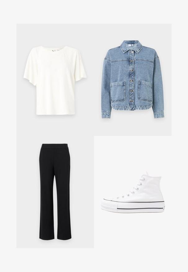 Lyseblå denimjakke med krave, knaplukninger, to frontlommer og en let cropped kant. Har en falmet overflade.; Hvid kortærmet t-shirt lavet af blødt stof, med en afslappet pasform, rund halsudskæring og subtil logo detaljer på brystet.; Sorte, flagrende bukser med en glat tekstur, mellemhøj talje og sidelommer. Simpelt design uden mønstre eller pynt.; Hvide høje kanvas sneakers med sort gummisål, gummitåhætte foran og seks øjehuller til snørebånd, der har et rent, minimalistisk design.