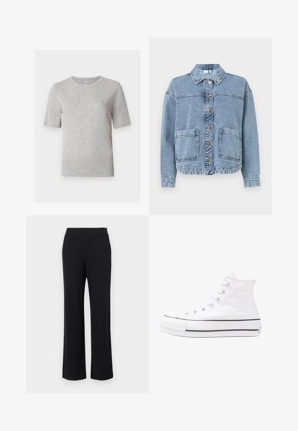Giacca di jeans azzurro chiaro con collo, chiusura a bottoni, due tasche anteriori e un orlo leggermente accorciato. Presenta una texture sbiadita.; T-shirt grigio a maniche corte realizzato in tessuto morbido. Caratterizzato da un collo a giro e una vestibilità rilassata. Design semplice senza motivi o dettagli.; Pantaloni neri a zampa d'elefante con una texture liscia, vita media e tasche laterali. Design semplice senza motivi o decorazioni.; Sneaker alta in tela bianca con suola in gomma nera, punta in gomma frontale e sei asole per i lacci, caratterizzata da un design pulito e minimalista.