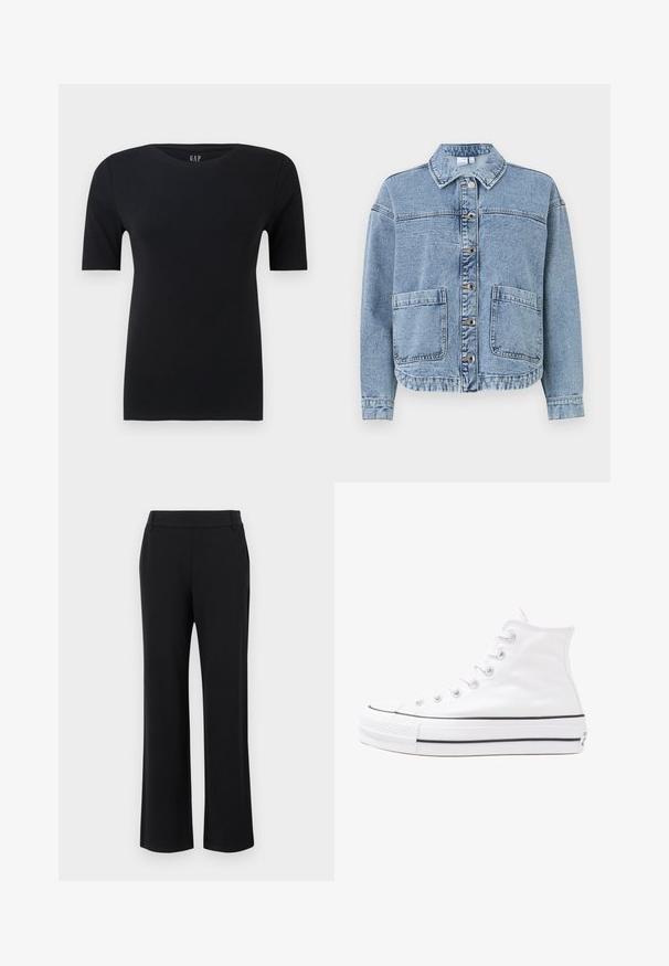 Chaqueta de mezclilla azul claro con cuello, cierres de botón, dos bolsillos frontales y un dobladillo ligeramente cortado. Presenta una textura deslavada.; Camiseta negra de manga corta hecha de algodón suave, con un cuello redondo y un ajuste relajado, con costuras mínimas y sin patrones visibles.; Pantalones negros de pernera acampanada con una textura suave, cintura de altura media y bolsillos laterales. Diseño simple sin patrones ni adornos.; Zapatilla de lona alta blanca con suela de goma negra, puntera de goma frontal y seis ojetes para los cordones, que presenta un diseño limpio y minimalista.