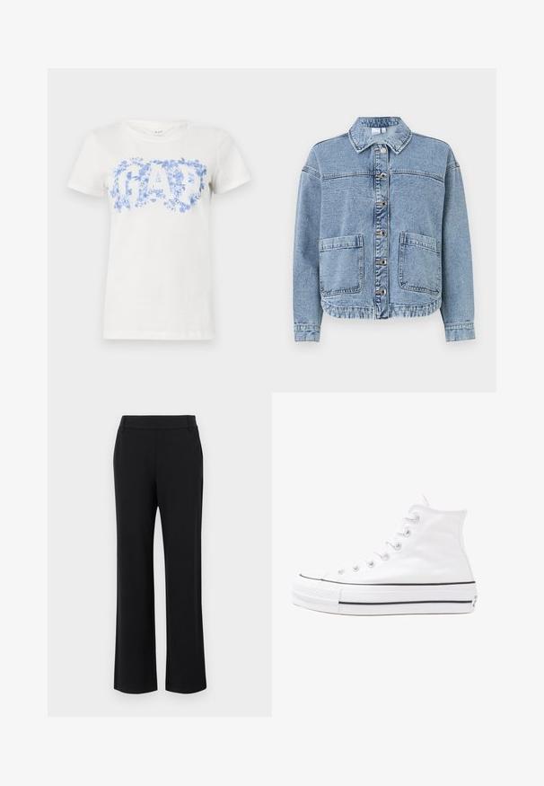 Lyseblå denimjakke med krave, knaplukninger, to frontlommer og en let cropped kant. Har en falmet overflade.; Hvid kortærmet t-shirt med et blåt blomsterdesign med "GAP". Den er lavet af bomuld, har rund halsudskæring og en blød tekstur.; Sorte, flagrende bukser med en glat tekstur, mellemhøj talje og sidelommer. Simpelt design uden mønstre eller pynt.; Hvide høje kanvas sneakers med sort gummisål, gummitåhætte foran og seks øjehuller til snørebånd, der har et rent, minimalistisk design.