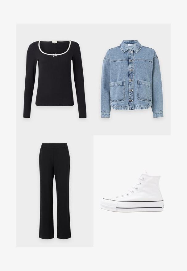 Világoskék farmerdzseki, galléros nyakkal, gombos záródással, két elülső zsebbel és enyhén cropped fazonnal. Fakó textúrával rendelkezik.; Fekete, hosszú ujjú felső négyzet alakú nyakkivágással, fehér díszítéssel és egy kis masni részlettel a közepén. Puha, bordázott anyagból készült, testhez simuló fazonnal.; Fekete, bő szabású nadrág sima textúrával, középmagas derékkal és oldalsó zsebekkel. Egyszerű, mintázat nélküli és díszítések gazdagítják.; Fehér magaskorsó vászon sportcipő fekete gumi talppal, elülső gumi orrnyereggel és hat fűzőlyukkal, letisztult, minimalista dizájnnal.