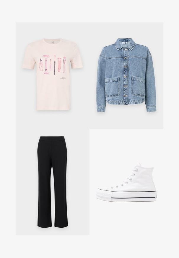 Hellblaue Jeansjacke mit Kragen, Knopfverschluss, zwei Seitentaschen und einem leicht verkürzten Saum. Verfügt über eine verblasste Textur.; Rosa T-Shirt mit kurzen Ärmeln, das ein Grafikdesign von Schönheitsprodukten in verschiedenen Rosatönen zeigt, mit dem Text "Beauty Essentials" am unteren Rand.; Schwarze, ausgestellte Hosen mit glatter Textur, mittelhohem Bund und seitlichen Taschen. Einfaches Design ohne Muster oder Verzierungen.; Weiße hochwertige Leinensneaker mit schwarzer Gummisohle, vorderem Gummizehenschutz und sechs Ösen für Schnürsenkel, die ein sauberes, minimalistisches Design aufweisen.