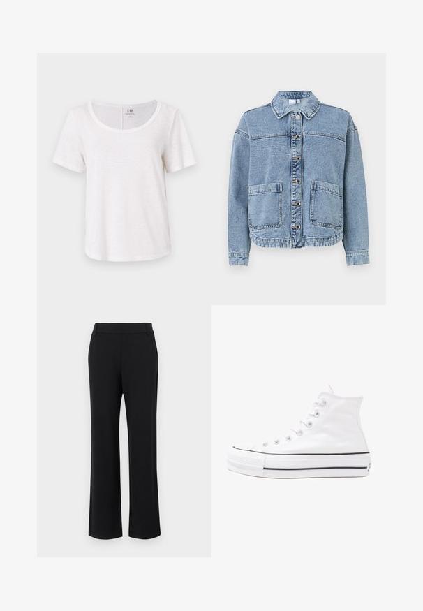 Svetlo modra denim jakna s ovratnikom, gumbnimi zapiranji, dvema sprednjima žepoma in nekoliko skrajšanim robom. Ima zbledel videz.; GAP BLEND SCOOP - Navadna majica - fresh white; Črne flare hlače z gladko teksturo, srednje visokim pasom in stranskimi žepi. Enostaven dizajn brez vzorcev ali okraskov.; Beli visoki platneni športni čevelj z črnim gumijastim podplatom, sprednjim gumijastim zaščitnikom za prste in šestimi luknjicami za vezalke, ki se ponaša s preprostim, minimalističnim dizajnom.