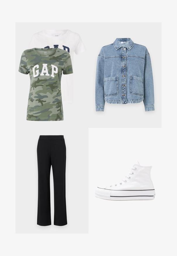 Světle modrá džínová bunda s límečkem, knoflíkovým zapínáním, dvěma předními kapsami a mírně zkráceným lemem. Má vybledlý vzhled.; Dvé trička s motivem zeleného maskáče a bílým logem "GAP" a jedno obyčejné bílé tričko s námořnickým textem, vyrobená z měkké bavlny.; Černé rozšířené kalhoty s hladkým povrchem, středně vysokým páskem a bočními kapsami. Jednoduchý design bez vzorů nebo ozdob.; Bílé vysoké plátěné tenisky s černou gumovou podrážkou, přední gumovou špičkou a šesti očky na tkaničky, se čistým, minimalistickým designem.