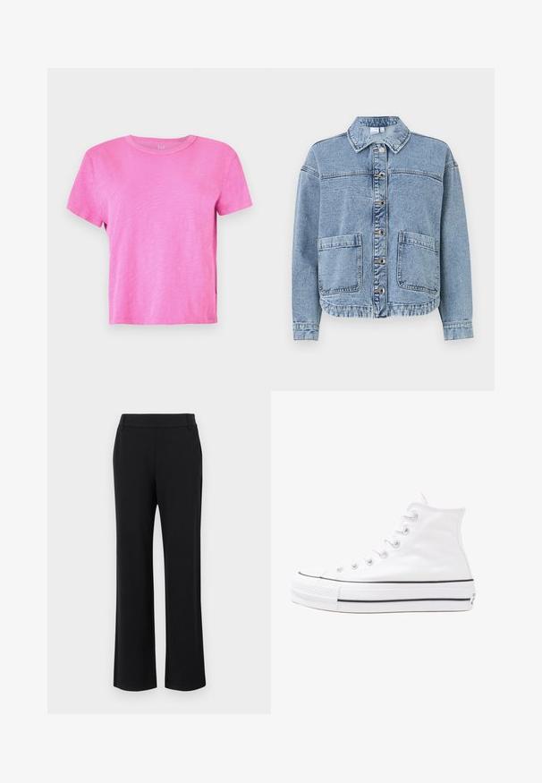 Lichtblauwe denimjacket met een kraag, knoopsluitingen, twee voorzakken en een iets verkorte zoom. Beschikt over een vervaagde textuur.; Korte mouwen, ronde hals T-shirt in felroze. Gemaakt van zacht, gestructureerd materiaal met een relaxte pasvorm en een licht gemêleerde uitstraling.; Zwarte, uitlopende broeken met een soepele textuur, een middelhoge tailleband en zijzakken. Eenvoudig ontwerp zonder patronen of versieringen.; Witte high-top canvas sneakers met een zwarte rubberen zool, een rubberen neuskap aan de voorkant en zes gaatjes voor veters, met een schone, minimalistische uitstraling.