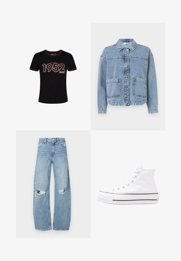 Lichtblauwe denimjacket met een kraag, knoopsluitingen, twee voorzakken en een iets verkorte zoom. Beschikt over een vervaagde textuur.; Zwarte katoenen T-shirt met een bruin geribbelde kraag. Bevat "SINCE 1952" in witte en rode tekst. Casual fit met korte mouwen.; Lichtblauwe, hooggeritste jeans van denim. Beschikken over wijde pijpen, twee gescheurde knievalken en klassieke vijfzakken styling.; Witte high-top canvas sneakers met een zwarte rubberen zool, een rubberen neuskap aan de voorkant en zes gaatjes voor veters, met een schone, minimalistische uitstraling.