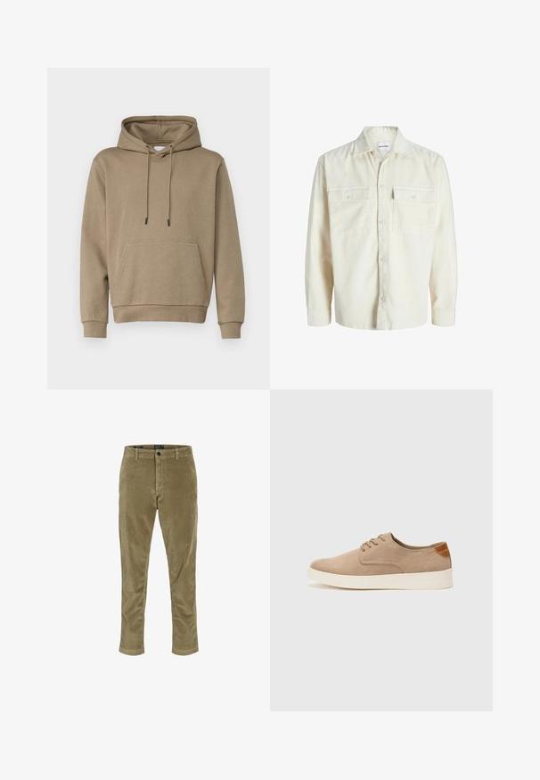 Camicetta a maniche lunghe in corduroy avorio con bottoni frontali e due tasche al petto con pattina e bottoni.; Felpa con cappuccio di colore marrone chiaro, realizzata in tessuto morbido. Presenta una tasca a marsupio sul davanti e polsini a costine. Design semplice con lacci.; Jack & Jones JWHACE JJHARVEY - Pantaloni - elmwood; Sneaker in suede beige con punta arrotondata, stringhe davanti e un accento testurizzato sul retro. La suola in gomma bianca offre un contrasto. Design semplice e moderno.