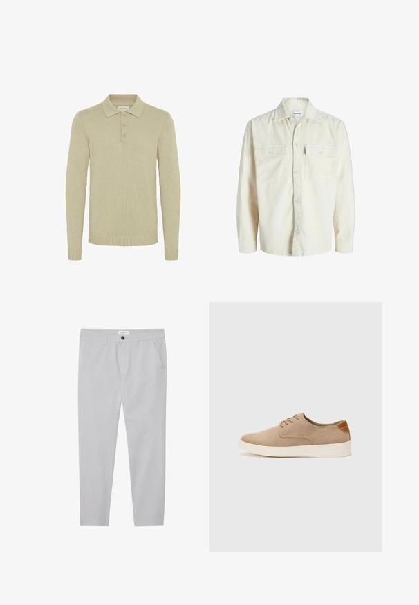 Cămașă cu mâneci lungi din corduroy alb-negru, cu închidere cu nasturi și două buzunare pe piept cu clapetă și nasturi.; Pulover polo bej, din tricot ribăt, cu mânecă lungă, dotat cu o deschidere cu trei butoane și manșete și tiv ribate. Design cu guler clasic.; Pantaloni gri deschis dintr-un material moale, având o croială slim, două buzunare frontale, închidere cu buton și un detaliu texturat subtil.; Tenisi din suede bej cu vârf rotund, sistem de șireturi în față și un accent texturat în spate. Talpa albă din cauciuc oferă un contrast. Design simplu și modern.