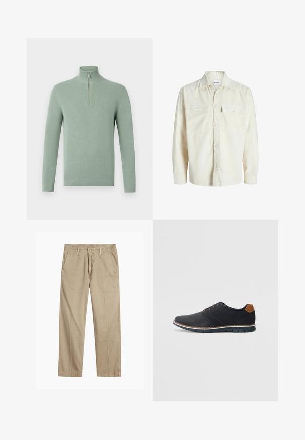 Kremfarget kordfløyels skjorte med lange ermer, knappestolpe og to brystlommer med klaff og knapper.; Lysegrønn strikket genser med høy krage og kvart glidelås, med ribbestrikkede mansjetter og hem, som gir et teksturert utseende.; Beige straight-leg chinos med beltehemper, frontlukking med knapp og glidelås, og skrå frontlommer.; Sorte syntetiske sko med en teksturert overdel, glatte detaljer, brun hæl og en kontrastfarge på sålen. Har minimalt snøring og sømdetaljer.