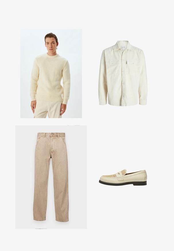 Off-white corduroy pitkähihaine paita, jossa on napit edessä ja kaksi rintataskua, joissa on napit.; Kermanvärinen neulepaita, jossa on joustinneuletta, pyöreä pääntie ja tiukat hihansuut. Viety vaaleanbeigejen housujen päälle. Yksinkertainen muotoilu, ilman kuvioita.; Beige farkkuhousut suoranlahkeisella muotoilulla, joissa on etutaskut, metallinen nappisulku ja hillitty rakenne.; Beige nahka loaferit, joissa on kudottu yksityiskohta varpaassa ja litteä ruskea pohja. Edessä koristeellinen nauha.