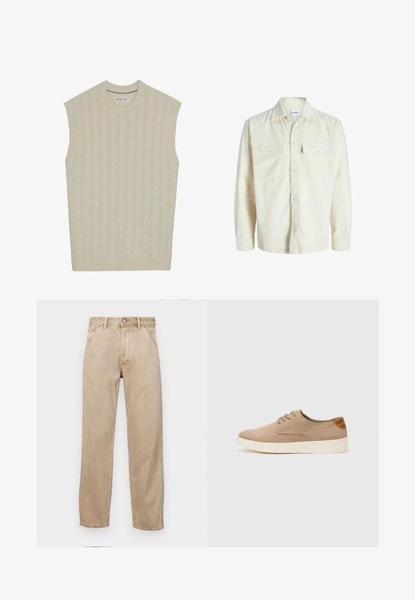 Off-white corduroy long-sleeve shirt with button front and two chest flap pockets with buttons.; Beige sleeveless knitted sweater with cable pattern. Features a ribbed crew neckline and hem. Soft texture and lightweight design.; Beige denim jeans with a straight leg design, featuring front pockets, a metal button closure, and subtle texture.; Beige suede sneakers with a rounded toe, lace-up front, and a textured back accent. White rubber sole provides contrast. Simple and modern design.