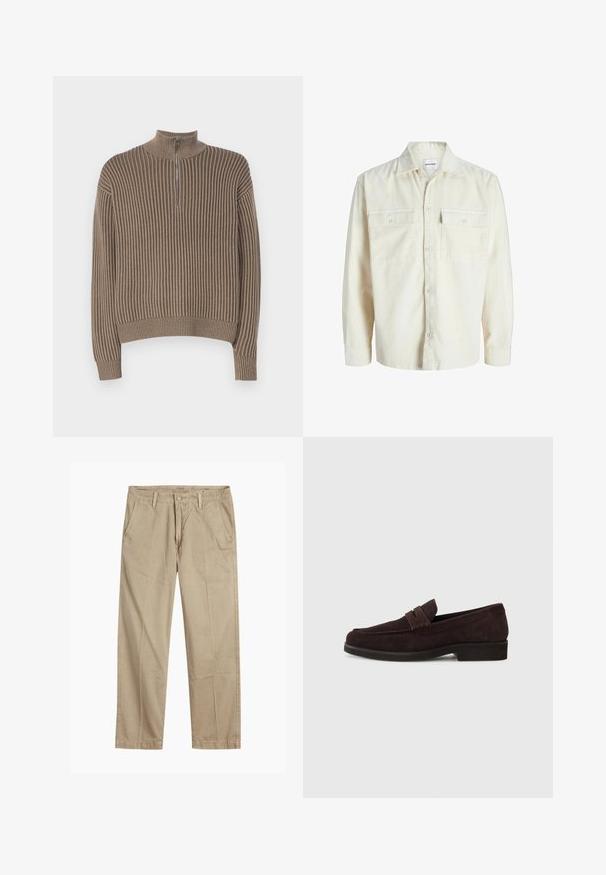 Off-white corduroy overhemd met lange mouwen, knoopsluiting aan de voorkant en twee borstzakken met klep en knopen.; Bruine geribbelde trui met hoge hals en halve rits, met lange mouwen en een relaxte pasvorm. De textuur is zacht en gebreid.; Beige rechte pijpen chinos met riemlussen, voorkant met knoop en rits sluiting, en schuine voorzakken.; Bruine suède loafers met een lage profiel en ronde neus. Heeft een decoratieve band over de bovenkant, een platte rubberen zool en geen zichtbare stiksels.
