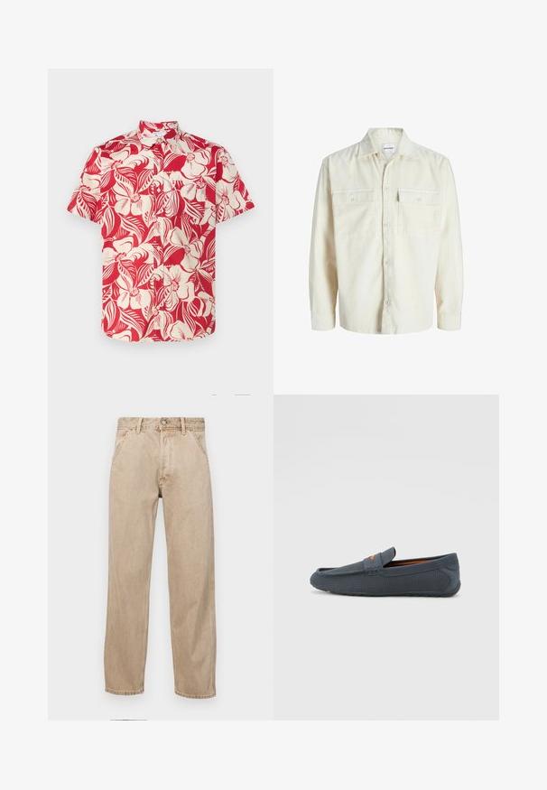 Kreemikas puuvillane kanepikleega pikkade varrukatega särk, millel on nupupaneel ja kaks nupukotiga rinna taskut.; GAP STANDARD - Pluus - red chino; Bežidemini teksased sirgjoonise kujundusega, front pocket'itega, metallist nööbi kinnitusega ja peene tekstuuriga.; Hallitusestatud perforatsioonidega hallad, millel on libisemisega disain, oranž aktsent, ümardatud varvas ja tekstureeritud kummist välispohjaga.