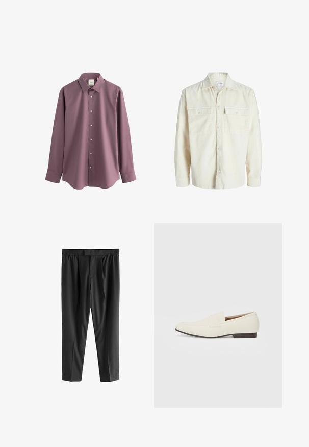 Off-white corduroy overhemd met lange mouwen, knoopsluiting aan de voorkant en twee borstzakken met klep en knopen.; Next REGULAR FIT SINGLE CUFF - Zakelijk overhemd - mauve pink; Next REGULAR FIT -CHECK SMART - Chino - black; Lichtbeige loafers met een spitse neus, glad materiaal, een band over de wreef en een lage bruine zool. Eenvoudig ontwerp met minimale accenten.