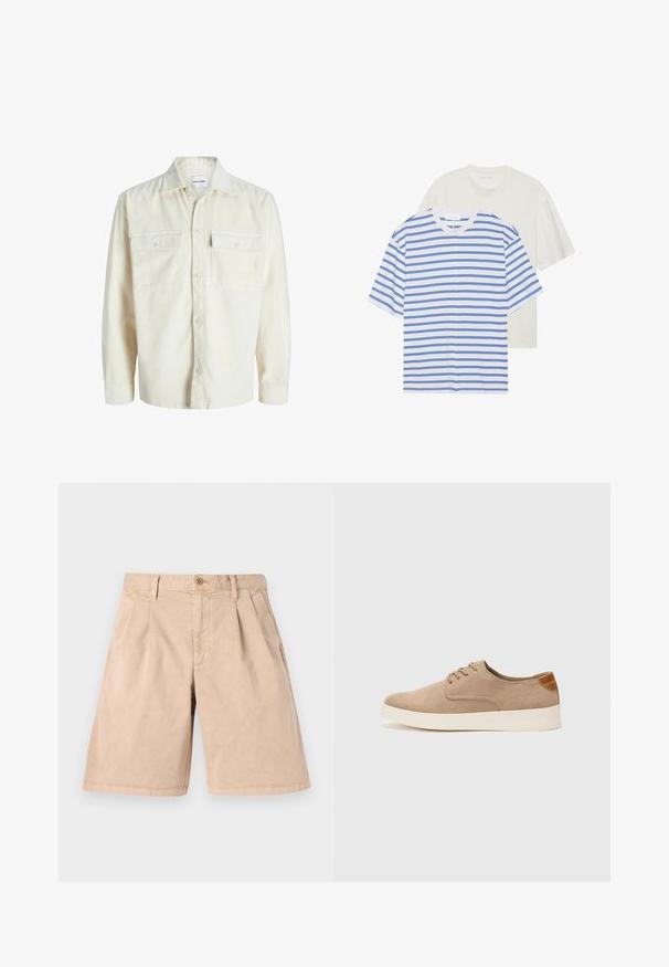 Hranatý svetlý kordový dlhý rukáv s predným zapínaním na gombíky a dvoma náprsnými vreckami s gombíkmi.; Dve tričká s krátkymi rukávmi: jedno biele s modrými prúžkami a jedno jednoliate svetlo krémové. Mäkký bavlnený materiál, dizajn s okrúhlym výstrihom, voľný strih.; Béžové šortky vyrobené z bavlny, s rovný strihom, skladaným predným dielom, bočnými vreckami a jedným gombíkom na uzavretie v páse.; Béžové semišové tenisky s okrúhlou špičkou, šnurovaním vpredu a textúrovaným zadným akcentom. Biela gumová podrážka poskytuje kontrast. Jednoduchý a moderný dizajn.