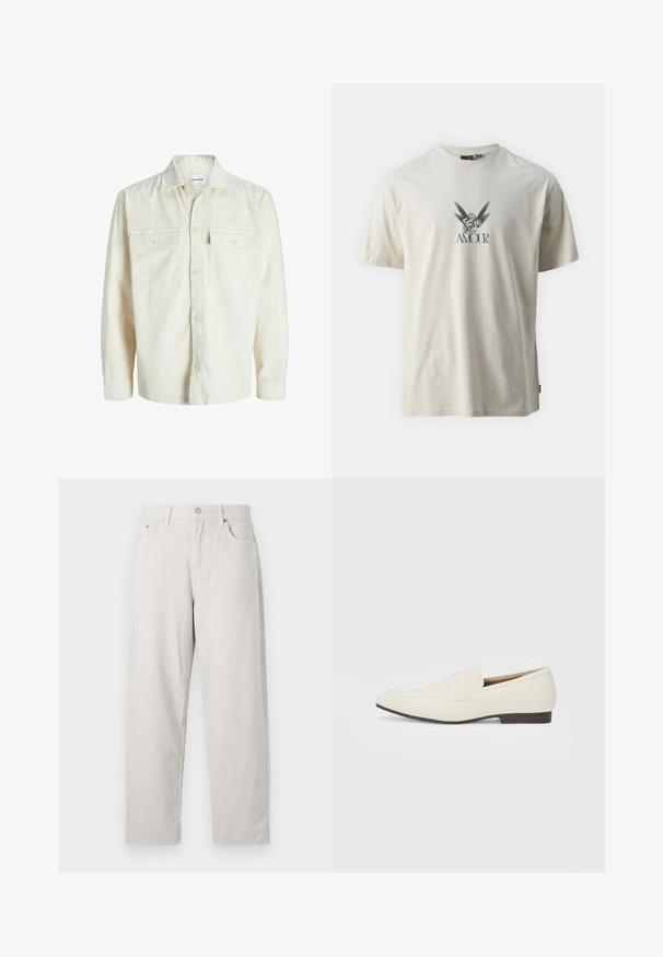 Off-white corduroy long-sleeve shirt with button front and two chest flap pockets with buttons.; Cream-colored cotton t-shirt featuring a graphic design of a cherub and wings with the word "AMOUR" in black text beneath the image.; Light beige high-waisted jeans in a straight-leg design. Made of thick cotton fabric with prominent front pockets and a single metal button.; Light beige loafers with a pointed toe, smooth material, a strap across the vamp, and a low brown sole. Simple design with minimal accents.