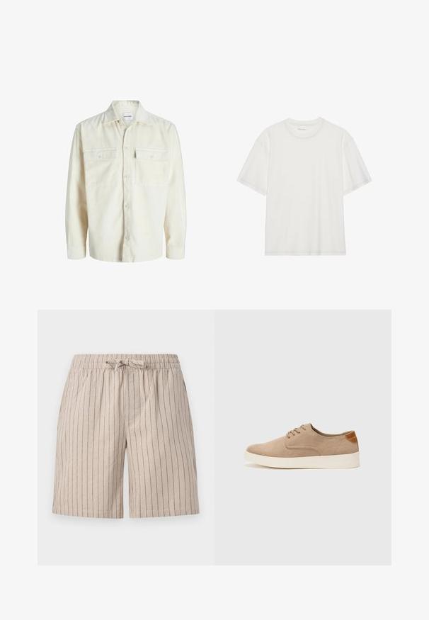 Off-white korduroja ilgām piedurknēm krekls ar pogu priekšpusi un divām krūts kabatām ar pogām.; Balts kokvilnas T-krekls ar īsām piedurknēm, noapaļota kakla izgriezums un kontrastējošs šuvums ap kakla izgriezumu un piedurknēm.; Beigās svītrainās šortos izgatavoti no viegla auduma. Iekļauj elastīgu jostasvietu ar auklu un sānu kabatām. Vertikālas svītriņas detaļa.; Beige zamšādas kedas ar noapaļotu purngala daļu, auklēm saplacinātu priekšpusi un teksturētu aizmugures akcentu. Balta gumijas zole nodrošina kontrastu. Vienkāršs un mūsdienīgs dizains.