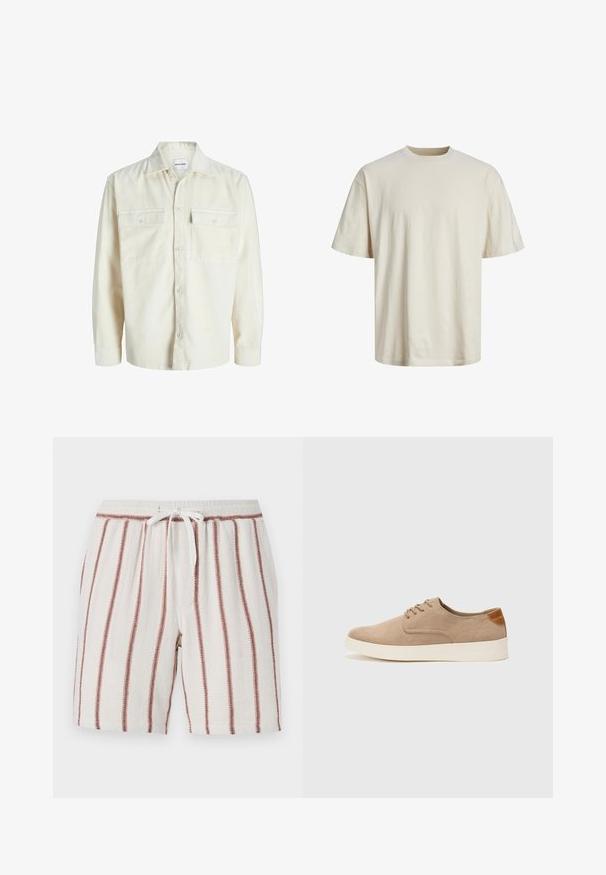 Off-white kordflorskjorta med lång ärm, knappframsida och två bröstfickor med lock och knappar.; Klassisk bomullströja med rund halsringning i off-white, med korta ärmar, avslappnad passform och en mjuk, lätt textur.; Kortbyxor i bomull med dragsko i midjan, krämfärgad bakgrund med vertikala rostfärgade ränder, textil med struktur och avslappnad passform.; Beige mockasinsneakers med rund tå, snörning fram och texturerad bakaxel. Vit gummisula ger kontrast. Enkelt och modernt design.