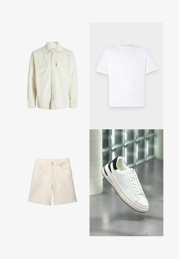 Off-white kordbársony hosszú ujjú ing, gombos elején, két zsebbel, amelynek fedéllel és gombbal záródik.; Fehér pamut póló, kerek nyakkivágással és rövid ujjal. Zökkenőmentes textúra, egyenes vonalvezetés, minta vagy díszítés nélkül. Csak hátsó nézet.; Beige farmernadrág rövidnadrág, kényelmes szabással, öt zsebes dizájnnal és elöl gombos záródással. Az anyaga finom textúrával és tiszta szegéllyel rendelkezik.; Fehér bőr sportcipők fekete kiegészítőkkel, lapos fűzőzéssel és texturált talppal. A "GUESS" logó a cipő oldalán és a nyelvén található.