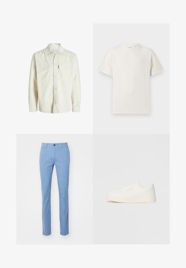 Off-white kordbársony hosszú ujjú ing, gombos elején, két zsebbel, amelynek fedéllel és gombbal záródik.; Fehér, rövid ujjú póló bordázott textúrával. Kerek nyakkivágás, laza szabás, nincs látható minta vagy díszítés. Egyszerű és sokoldalú dizájn.; Világoskék, egyenes szárú chino nadrág, pamutanyagból készült. Elülső gombos záródással, övbújtatókkal és elülső zsebekkel rendelkezik. Sima textúrájú.; Fehér slip-on sportcipők texturált felülettel, vastag talppal és minimalista dizájnnal. Az oldalon a márka logója található.