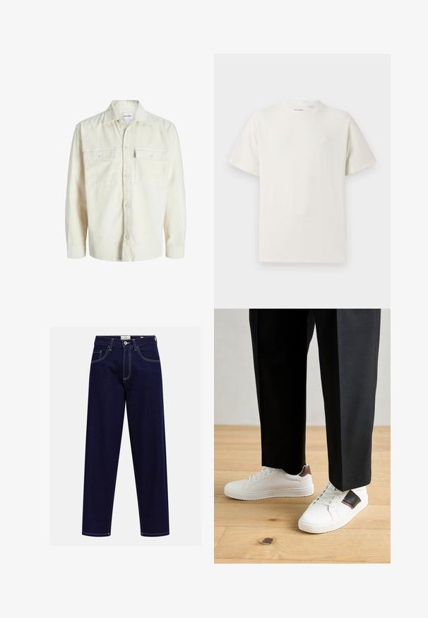 Off-white corduroy long-sleeve shirt with button front and two chest flap pockets with buttons.; White short-sleeve T-shirt in a ribbed texture. Round neckline, relaxed fit, no visible patterns or accents. Simple and versatile design.; Dark blue straight-leg jeans with front pockets, button closure, and visible white stitching on a plain background.; White sneakers with smooth texture, featuring brown leather accents and black detailing, paired with black tailored pants. Wooden floor background.