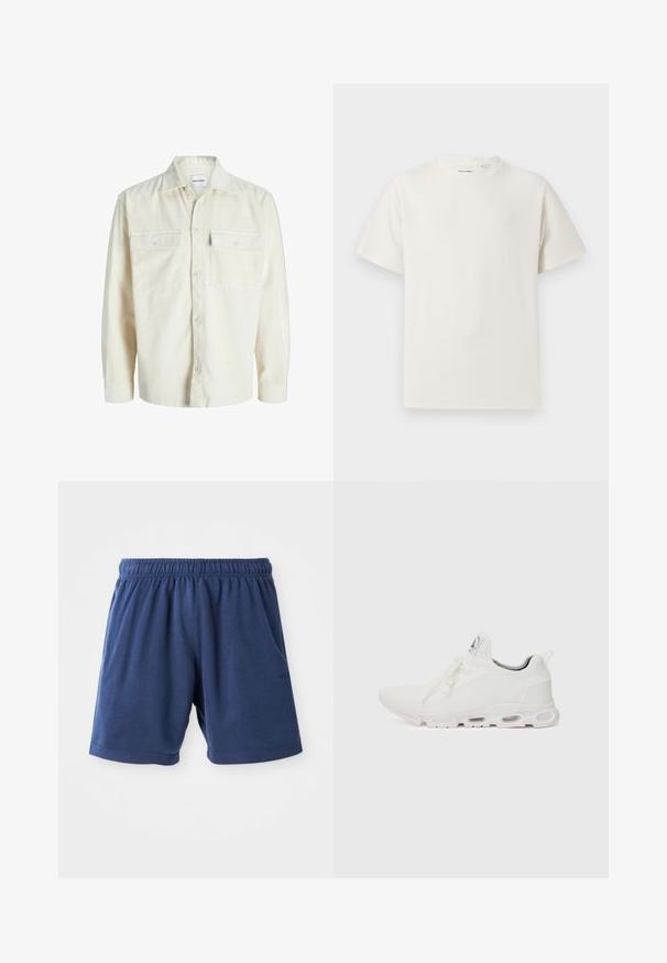 Off-white kordura srajca z dolgimi rokavi in gumbi spredaj, z dvema prsnikoma s poklopcem in gumbi.; Bela majica s kratkimi rokavi iz rebraste tkanine. Okrogli izrez, sproščen kroj, brez vidnih vzorcev ali naglasov. Preprosta in vsestranska zasnova.; Temno modri šortki iz mešanice mehkega bombaža, z elastiko v pasu, stranskimi žepi in ravnim krojem. Idealni za casual oblačenje.; Bela atletska obuća z značilnom pletenom gornjom stranom, ravnim vezicama i podlogom s jastučićem koja ima vidljive zračne komore za dodatnu potporu.