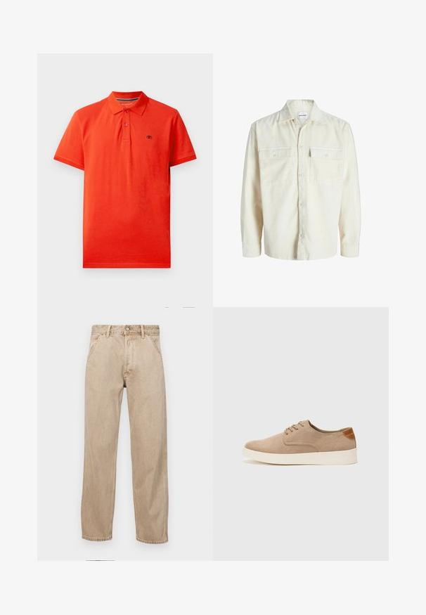 Cămașă cu mâneci lungi din corduroy alb-negru, cu închidere cu nasturi și două buzunare pe piept cu clapetă și nasturi.; Cămașă polo roșie din bumbac, cu guler, placket cu trei butoane, mâneci scurte și un mic logo pe partea stângă a pieptului.; Jeans din denim bej cu un design drept, care prezintă buzunare frontale, închidere cu buton metalic și o textură subtilă.; Tenisi din suede bej cu vârf rotund, sistem de șireturi în față și un accent texturat în spate. Talpa albă din cauciuc oferă un contrast. Design simplu și modern.
