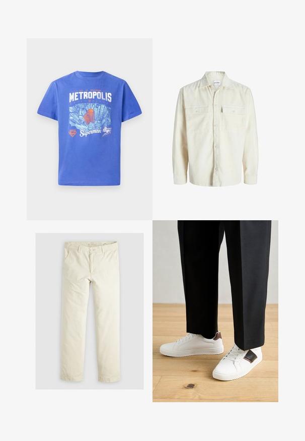 Off-white corduroy long-sleeve shirt with button front and two chest flap pockets with buttons.; Blue cotton t-shirt with short sleeves. Features a graphic of Metropolis skyline and Superman logo in white and orange. Crew neck design.; Light beige loose-fit pants with three pockets, belt loops, and a straight leg design. Made from a soft cotton blend fabric.; White sneakers with smooth texture, featuring brown leather accents and black detailing, paired with black tailored pants. Wooden floor background.