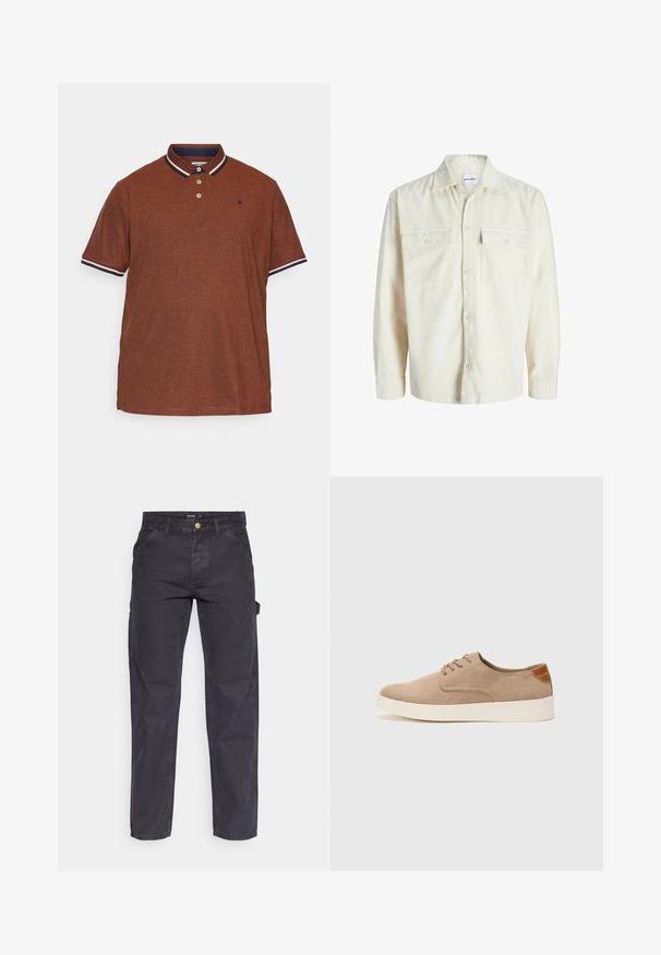 Chemise en velours côtelé écru à manches longues avec fermeture à boutons et deux poches à rabat sur la poitrine avec boutons.; Polo brun en tissu texturé, avec un col marine et un passepoil blanc, trois boutons et un petit logo sur la poitrine.; Pantalons cargo gris foncé en tissu durable, avec une coupe droite, cinq poches et une fermeture à bouton à la taille.; Baskets en daim beige avec un embout arrondi, un laçage sur le devant et un accent texturé à l'arrière. La semelle en caoutchouc blanche offre un contraste. Design simple et moderne.