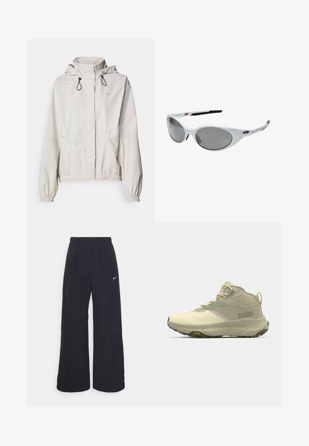 Ljusbeige zip-up jacka med huva, elastiska cuffs och två framfickor. Har Nike-logotypen i silver på övre vänstra sidan.; Långärmad ljusgrön skjorta i texturerad tyg, med rund halsringning och en liten logotyp på vänster bröstområde.; Svarta byxor med vida ben, elastisk midja och en liten vit Nike-logotyp. Tyget har en slät yta, designad för komfort och avslappnad användning.; Hoka vandringskänga i ljusbeige, med en strukturerad ovandel, snörning och Vibram-sula. Distinkt sidologga och stödjande design.; Vita plastsolglasögon med stora ovala linser, gråtonade. Har svarta örongrepp och en liten logotyp på ramen. Slät yta.; Svarta handskar av syntetmaterial med en åtsittande design, utrustade med en synlig logotyp och texturerad palm för grepp. Inkluderar en dragkedjedetalj.