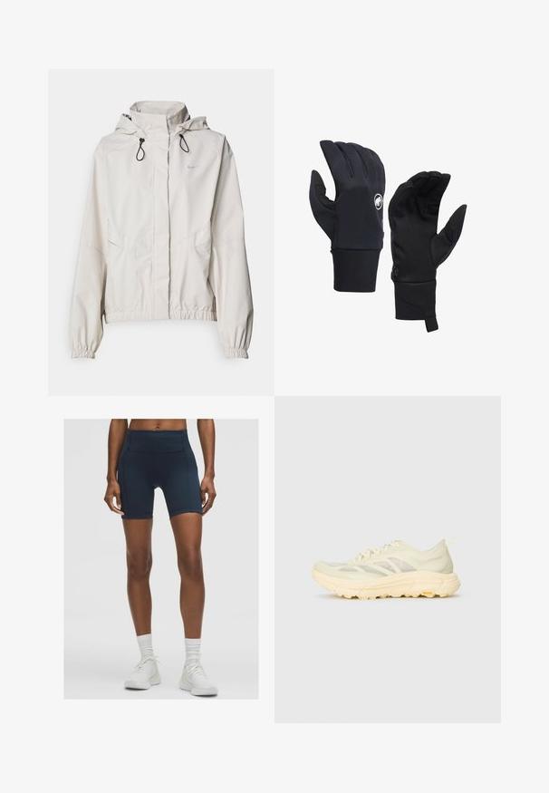 Giacca zip-up beige chiaro con cappuccio, polsini elasticizzati e due tasche anteriori. Presenta il logo Nike in argento sulla parte superiore sinistra.; Camicia a maniche lunghe di colore verde chiaro, realizzata in tessuto testurizzato, con scollatura rotonda e un piccolo logo sull'area sinistra del petto.; Shorts sportivi blu navy a vita alta realizzati in tessuto elasticizzato, con una texture liscia e dettagli di cucitura. Abbinati a sneakers bianche.; Sneaker atletica color beige chiaro con tomaia traslucida, suola spessa e ammortizzata, lacci laterali e logo Vibram suola esterna.; Guanti neri realizzati in materiale sintetico con un design aderente, caratterizzati da un logo visibile e un palmo texturizzato per una migliore presa. Includono un dettaglio con cerniera.