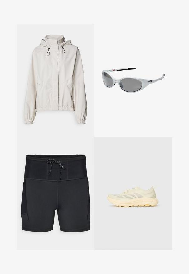 Lichtbeige ritsjack met capuchon, elastische manchetten en twee voorzakken. Bevat het Nike-logo in zilver op de bovenste linkerzijde.; Lange mouwen lichtgroen shirt gemaakt van gestructureerde stof, met een ronde halslijn en een klein logo op de linkerkant van de borst.; Zwarte sportshorts met een hoge tailleband, een getextureerd bovenpaneel en een trekkoord. Voorzien van vlakke naden en zijzakken.; Lichtbeige sport sneaker met transparante bovenkant, dikke gevoerde zool, veter aan de zijkant en Vibram-logo op de buitenzool.; Witte kunststof zonnebril met grote ovale lenzen, grijs getint. Voorzien van zwarte oorsteunen en een klein logo op het montuur. Gladde afwerking.; Zwarte handschoenen van synthetisch materiaal met een nauwsluitend ontwerp, voorzien van een zichtbaar logo en een textuur op de palm voor betere grip. Inclusief een ritsdetail.