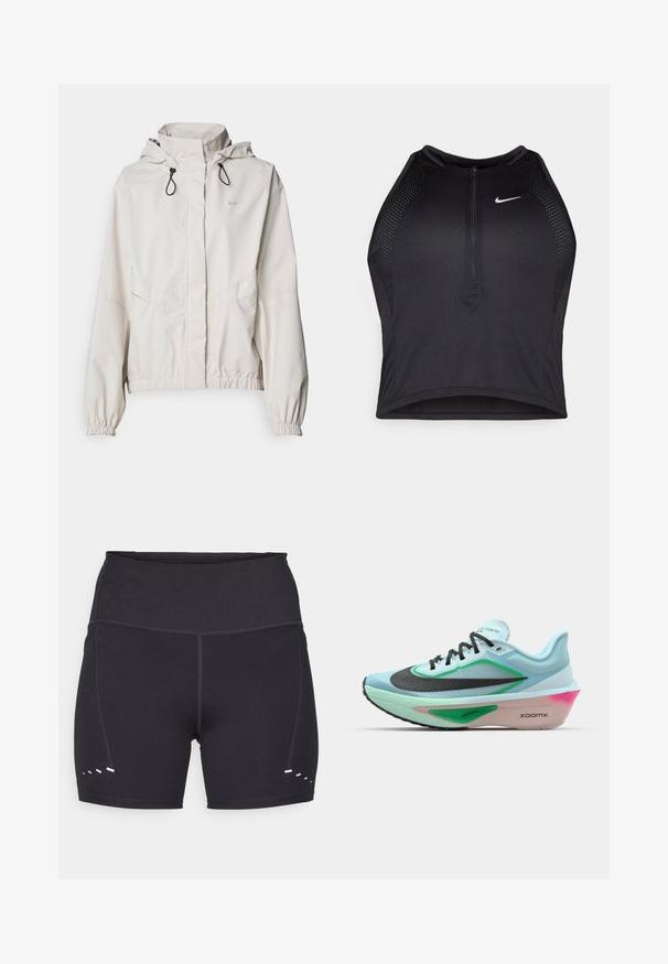 Světle béžová bunda na zip s kapucí, elastickými manžetami a dvěma předními kapsami. Na horní levé části se nachází stříbrné logo Nike.; Černý sportovní crop top se zipem vpředu, síťovými detaily a přiléhavým střihem. Vyrobený z elastického, prodyšného materiálu. Logo Nike na přední straně.; Černé sportovní šortky s hladkou texturou, vysokým pasem a kontrastními bílými akcenty po stranách. Vyrobeny z pružného, prodyšného materiálu.; Světle modrá běžecká obuv s texturovaným černým síťovým vrškem, zelenými akcenty, střední podrážkou s nádechem růžové a gumovou podrážkou. Obsahuje tkaničky a branding.