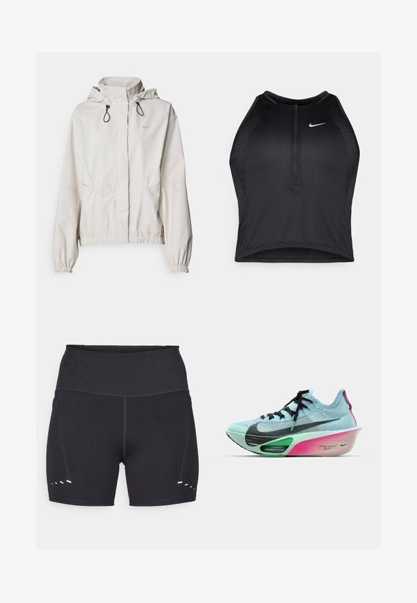 Veste zippée beige clair avec capuche, poignets élastiques et deux poches avant. Présente le logo Nike en argent sur le haut à gauche.; Crop top sportif noir avec fermeture éclair à l'avant, accents en mesh et design ajusté. Fabriqué en tissu extensible et respirant. Logo Nike à l'avant.; Shorts de sport noirs avec une texture lisse, une taille haute et des accents blancs contrastants sur les côtés. Fabriqués en matériau extensible et respirant.; Chaussure de course Nike avec une tige en tricot bleu clair, des accents noirs, une semelle intermédiaire AIR ZOOM verte et une semelle extérieure en dégradé rose et blanc.