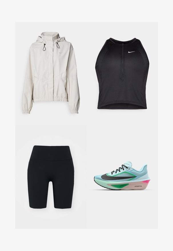 Šviesiai smėlio spalvos zip-up džemperis su kapišonu, elastingais rankogaliais ir dviem priekinėmis kišenėmis. Viršutiniame kairiajame kampe yra sidabrinė Nike logo.; Juodas sportinis trumpas viršus su užtrauktuku priekyje, tinklinėmis detalėmis ir prigludusia forma. Pagamintas iš tamprios, kvėpuojančios medžiagos. Nike logotipas priekyje.; Juoda aukšto liemens dviratininkų šortai, pagaminti iš tamprios medžiagos su lygiu paviršiumi, su šoninėmis kišenėmis ir prigludusia forma.; Šviesiai mėlyni bėgimo batai su tekstūruota juoda tinklo viršumi, žaliais akcentais, rožinės spalvos tarpvarde ir guminiais pado. Įrengti raišteliai ir prekių ženklas.