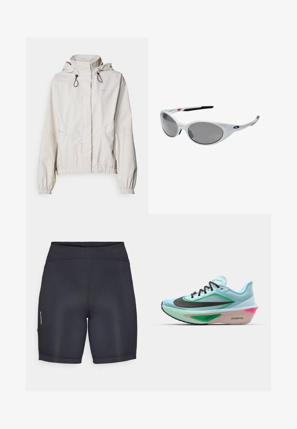 Light beige zip-up jacket with a hood, elastic cuffs, and two front pockets. Features the Nike logo in silver on the upper left.; Black athletic crop top with a zip-front, mesh accents, and a fitted design. Made from stretchy, breathable fabric. Nike logo on front.; Black athletic shorts with a smooth, stretchy fabric. Features a high waistband and side logo detailing. Simple, sleek design.; Light blue running shoe with a textured black mesh upper, green accents, a pink-tinged midsole, and a rubber outsole. Features laces and branding.; White plastic sunglasses with large oval lenses, gray tinted. Features black ear grips and a small logo on the frame. Smooth finish.