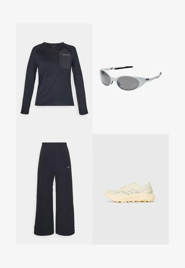 Giacca zip-up beige chiaro con cappuccio, polsini elasticizzati e due tasche anteriori. Presenta il logo Nike in argento sulla parte superiore sinistra.; Camicia tecnica a maniche lunghe di un blu navy scuro, con un corpo testurizzato, tasca in tessuto a contrasto e logo Peak Performance sul petto.; Pantaloni neri a gamba larga con cintura elastica e un piccolo logo Nike bianco. Il tessuto ha una texture liscia, progettata per il comfort e l'abbigliamento casual.; Sneaker atletica color beige chiaro con tomaia traslucida, suola spessa e ammortizzata, lacci laterali e logo Vibram suola esterna.; Occhiali da sole bianchi in plastica con grandi lenti ovali, leggermente grigie. Presentano gommature nere sulle orecchie e un piccolo logo sulla montatura. Finitura liscia.; Zaino nero realizzato in tessuto leggero e testurizzato con una cerniera centrale, spallacci regolabili e un manico superiore. Presenta un logo sul lato.; Guanti neri realizzati in materiale sintetico con un design aderente, caratterizzati da un logo visibile e un palmo texturizzato per una migliore presa. Includono un dettaglio con cerniera.