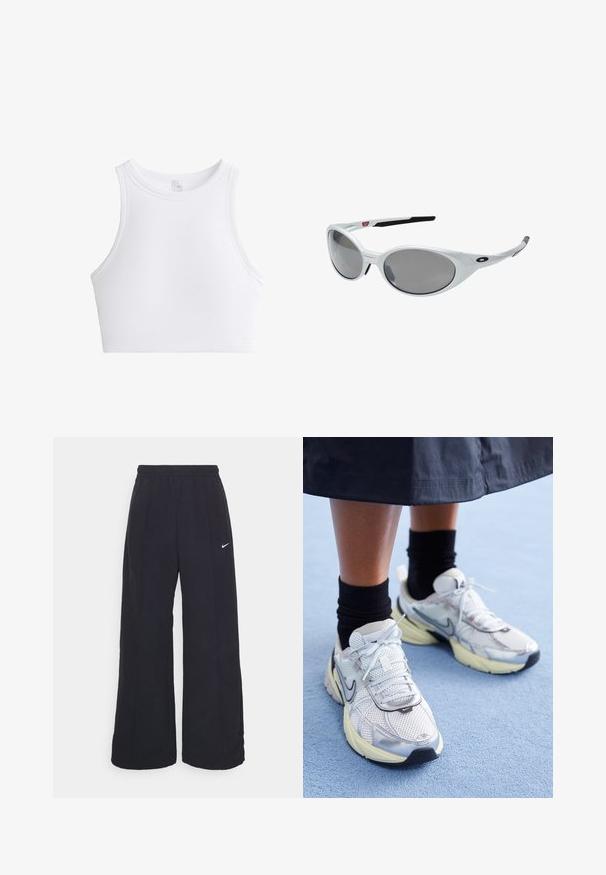Lichtbeige ritsjack met capuchon, elastische manchetten en twee voorzakken. Bevat het Nike-logo in zilver op de bovenste linkerzijde.; Witte geribbelde crop top met ronde hals en mouwloos ontwerp. Heeft een textuurstof voor extra detail en flexibiliteit.; Zwarte wijde broek met een elastische tailleband en een klein wit Nike-logo. De stof heeft een soepele textuur, ontworpen voor comfort en casual gebruik.; Witte en zilveren Nike sneakers van meshstof, met reflecterende accenten en een beige zool. Gedragen met zwarte sokken, staand op een blauwe ondergrond.; Witte kunststof zonnebril met grote ovale lenzen, grijs getint. Voorzien van zwarte oorsteunen en een klein logo op het montuur. Gladde afwerking.; Zwarte rugzak van lichtgewicht, gestructureerde stof met een centrale rits, verstelbare banden en een handvat bovenaan. Heeft een logo aan de zijkant.; Zwarte handschoenen van synthetisch materiaal met een nauwsluitend ontwerp, voorzien van een zichtbaar logo en een textuur op de palm voor betere grip. Inclusief een ritsdetail.